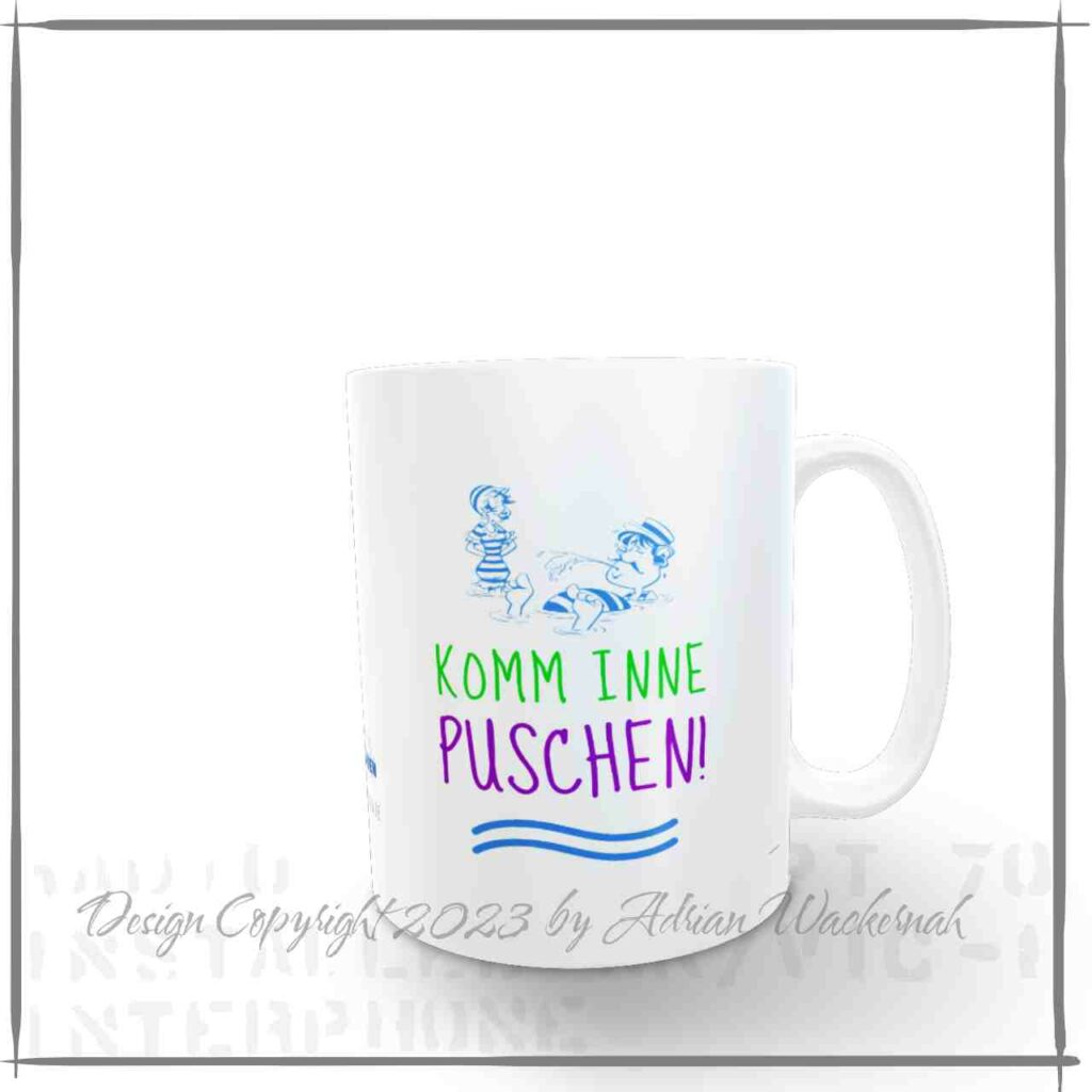 „Komm inne puschen!“ Kaffeepott