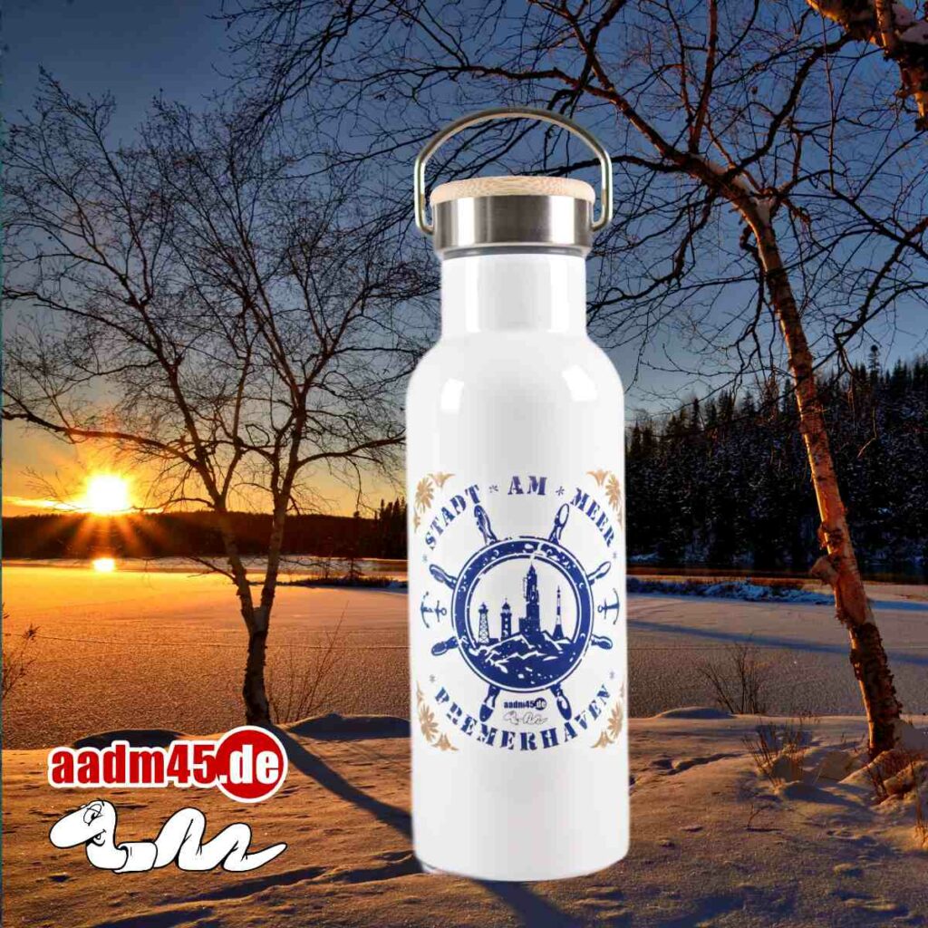 Trinkflasche aus Edelstahl mit hübschem Schraubverschluss mit eingelassenem Bambus
