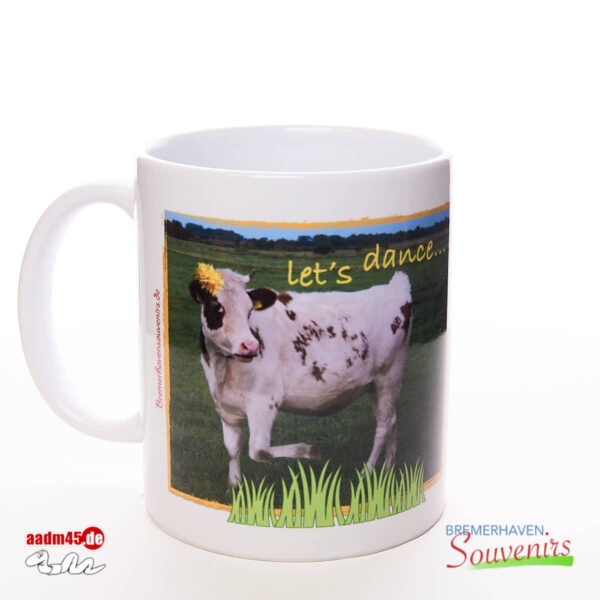 Kuh mit »Let’s dance« Spruch Becher