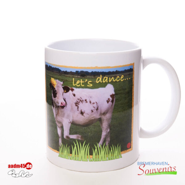 Kuh mit »Let’s dance« Spruch Becher