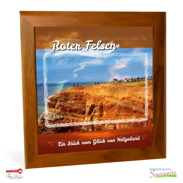 Helgoland Design Roter Felsen Keramik im Holzrahmen
