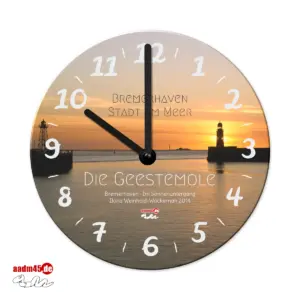 Produktbild Wanduhr Bremerhaven Geestemole Sonnenuntergang mit Leuchttürmen Südfeuer und Nordfeuer