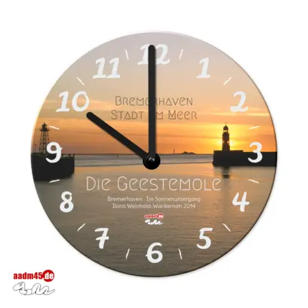 Produktbild Wanduhr Bremerhaven Geestemole Sonnenuntergang mit Leuchttürmen Südfeuer und Nordfeuer