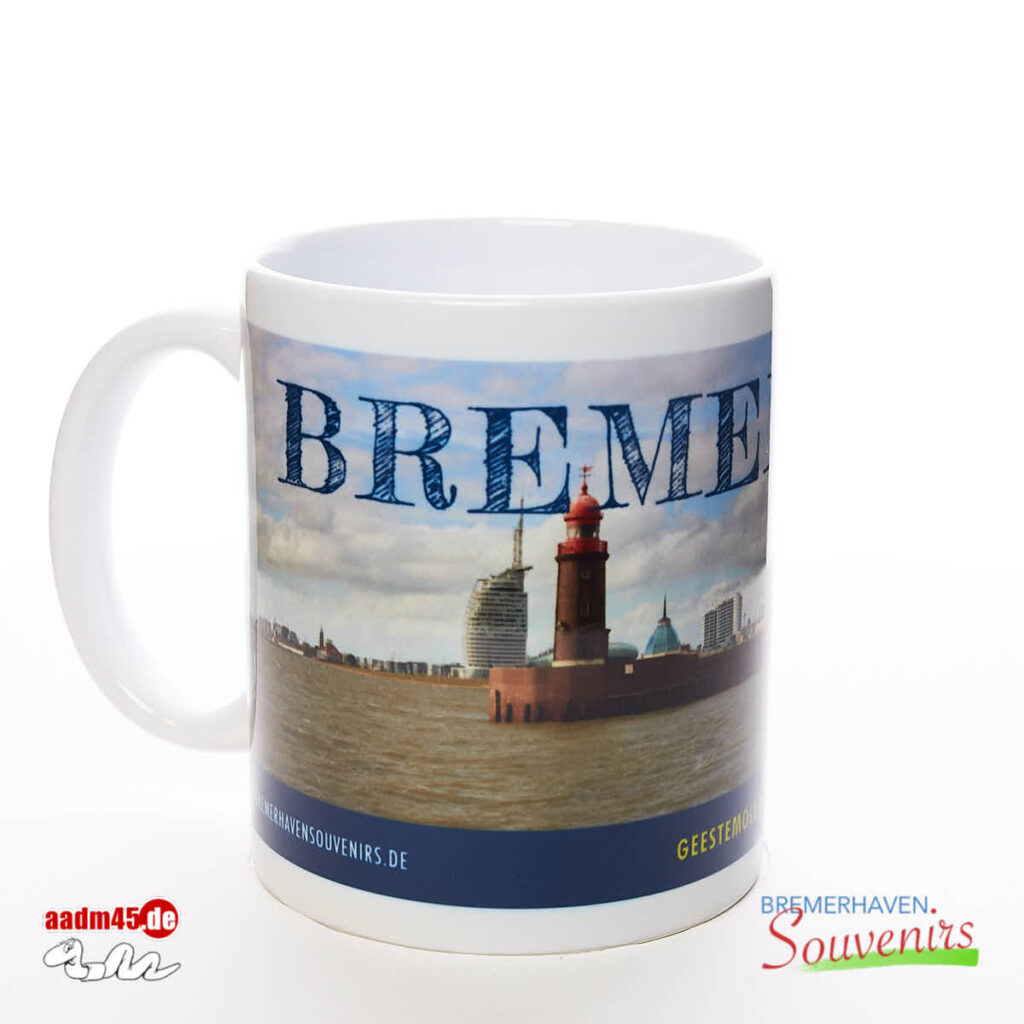 Bremerhaven Leuchtturm Geestemole Nordfeuer mit Skyline Kaffeepott Bremerhavenbecher