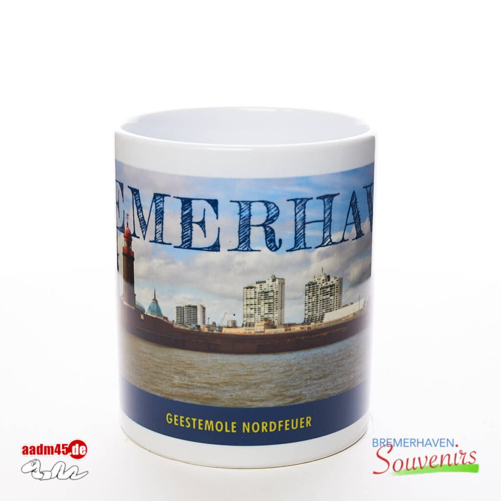 Bremerhaven Leuchtturm Geestemole Nordfeuer mit Skyline Kaffeepott Bremerhavenbecher