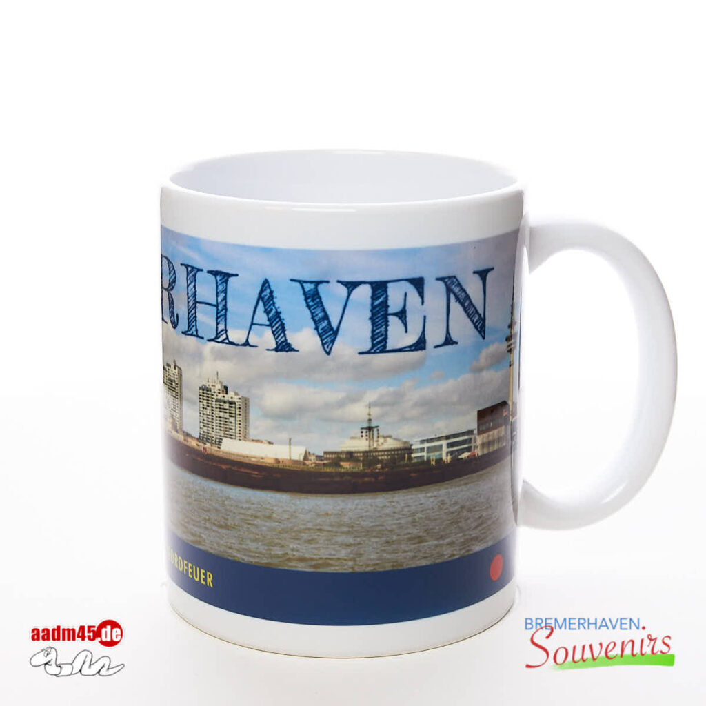 Bremerhaven Leuchtturm Geestemole Nordfeuer mit Skyline Kaffeepott Bremerhavenbecher