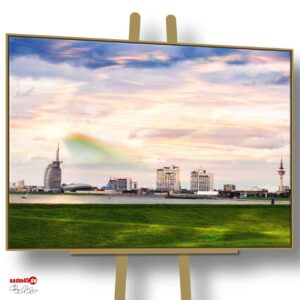 Bremerhaven Blick vom Deich auf Skyline – 100x75 cm Wandbild