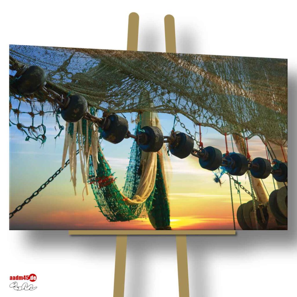 Wremen im Sonnenuntergang – Netze auf Kutter 120x80 cm Wandbild