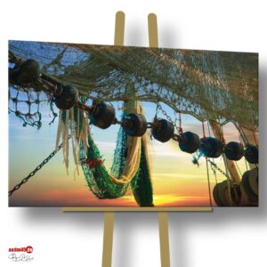 Wremen im Sonnenuntergang – Netze auf Kutter 120x80 cm Wandbild
